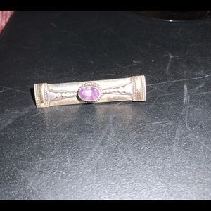 STERLING SILVER/ VERMEIL AMETHYST brooch. 1 1/2 in